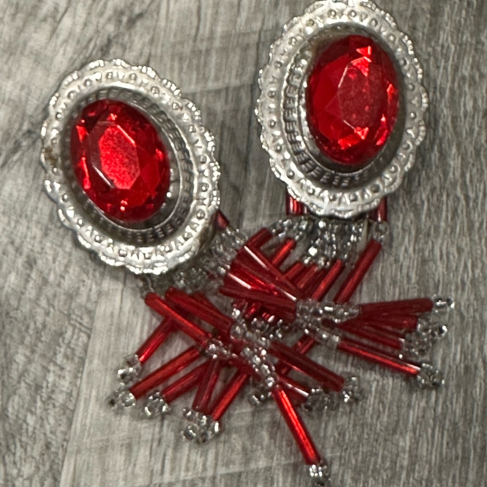 Steinmark Ruby Red and Silver Fringe Earrings